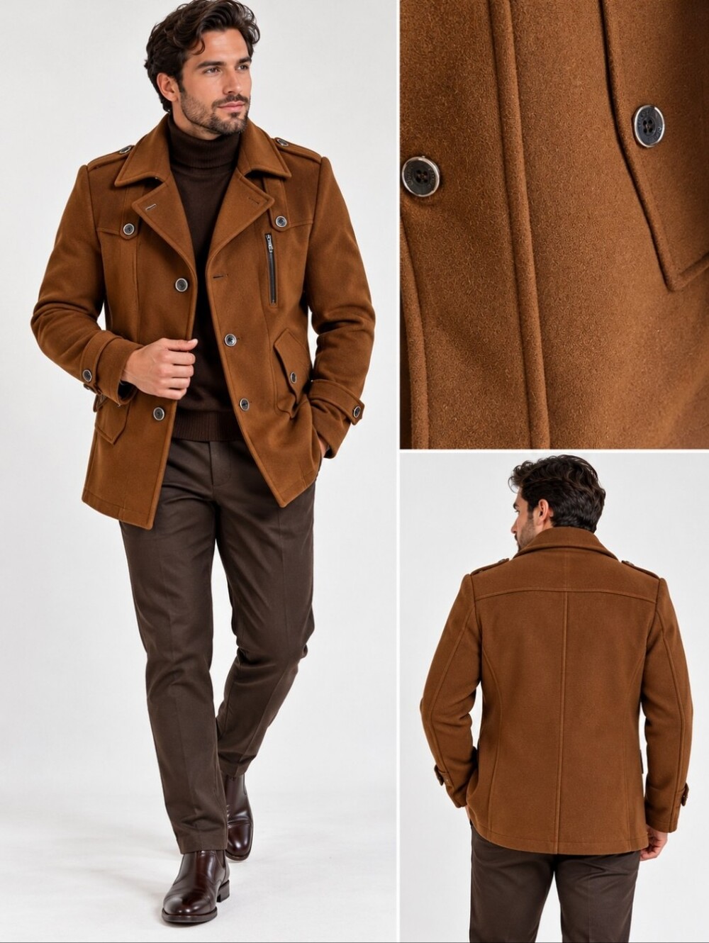 Slim Medium Wool Pea Coat Deep Rustic Brown Removable Built-In Scarf NWOT